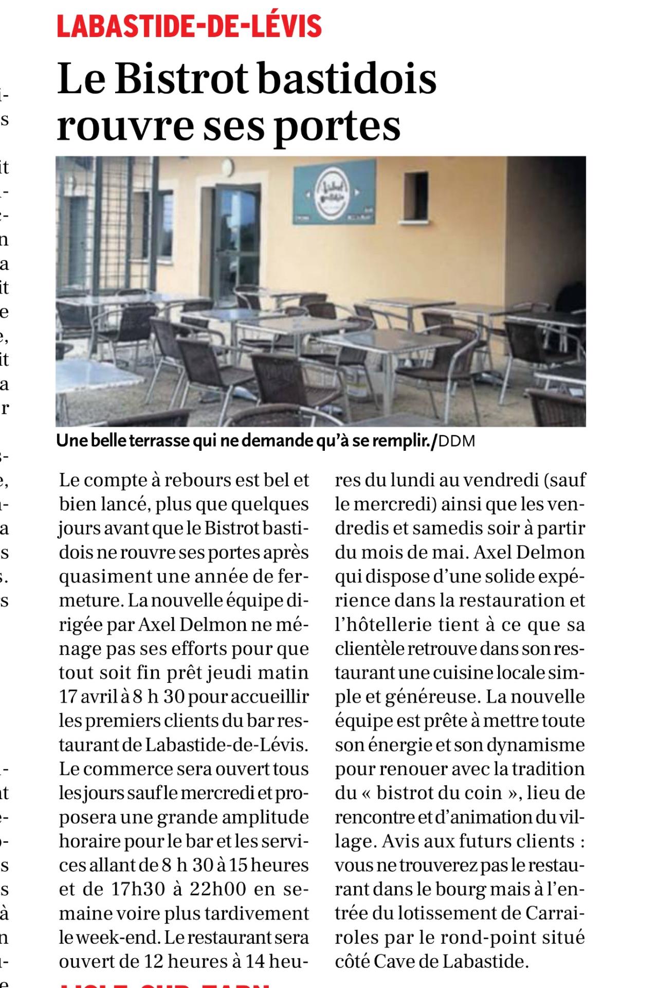 Ouverture du bistrot bastidois article la depeche du midi